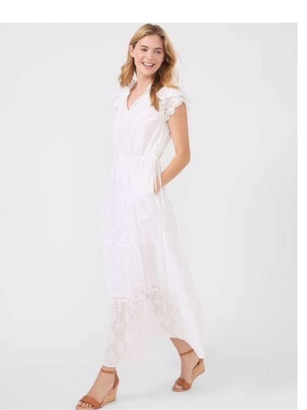 J. McLaughlin White Eyelet Maxi Dress with Tie Waist
